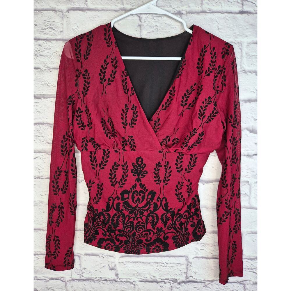 Vintage Y2K Whimsigoth Mesh Top Red Black Damask Long Sleeve Sheer VNeck Fairy M
